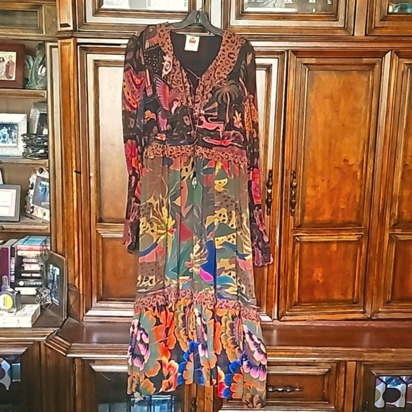 FARM RIO Jungle Animal Print Tiered Ruffle Bottom Maxi Dress! Sz. L, NWOT! - Picture 1 of 5